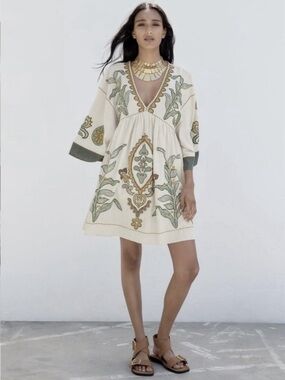 ZARA ECRU EMBROIDERED LINEN BLEND MINI DRESS SIZE Small Boho Beachy